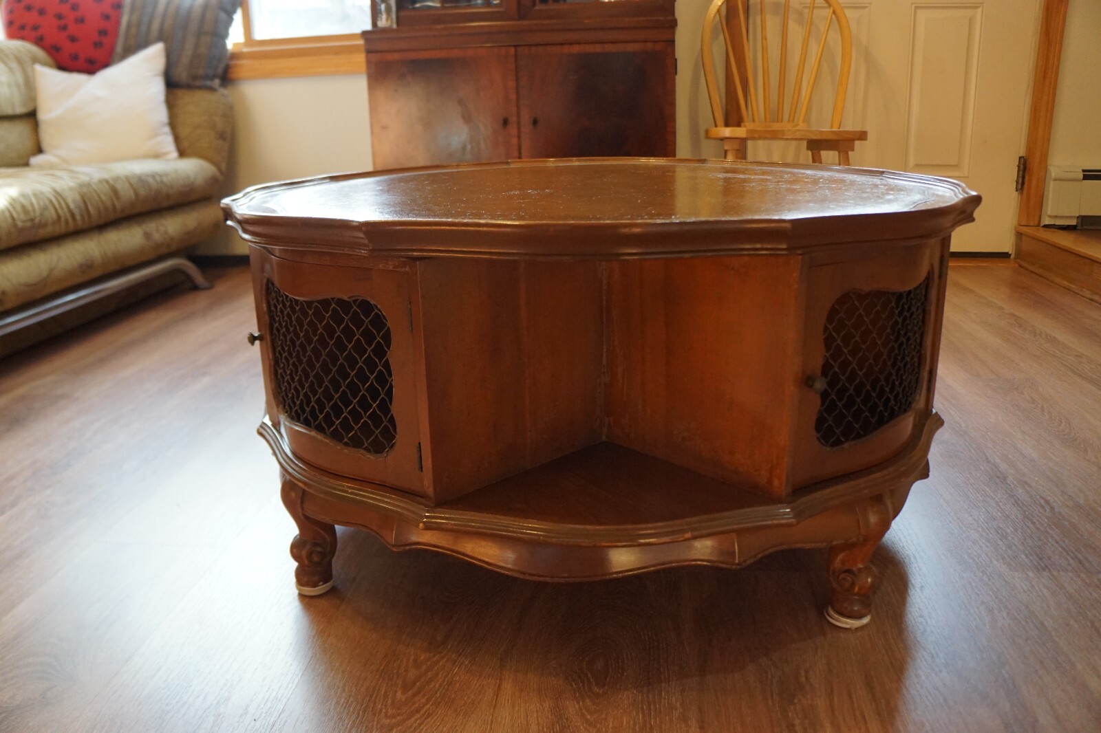Antique Leather Top Rotating Drum Table Very Good Condition