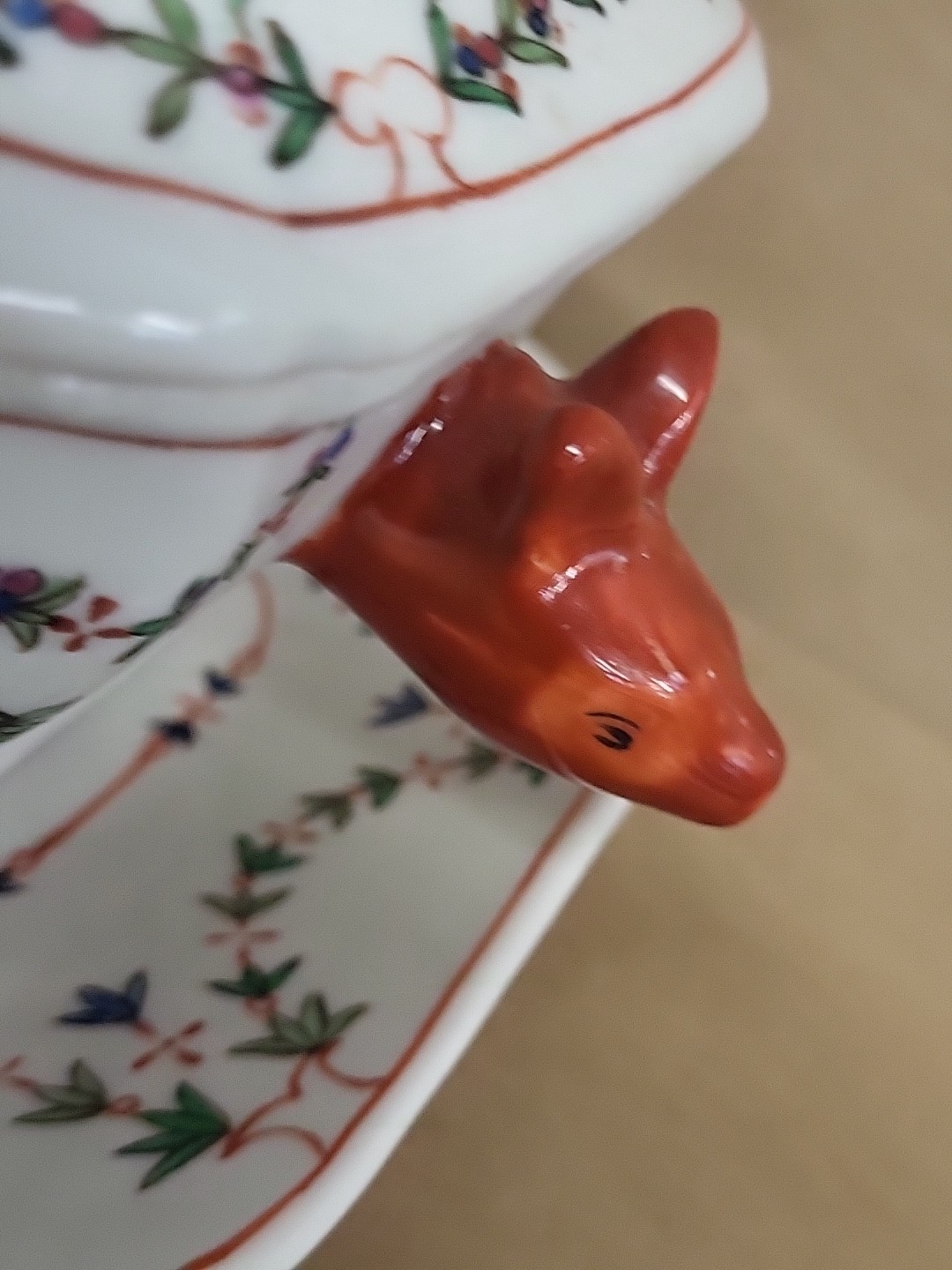 Antique Chinese Export Tureen Boars Head Pig Handles 3pc painted Floral 1770s