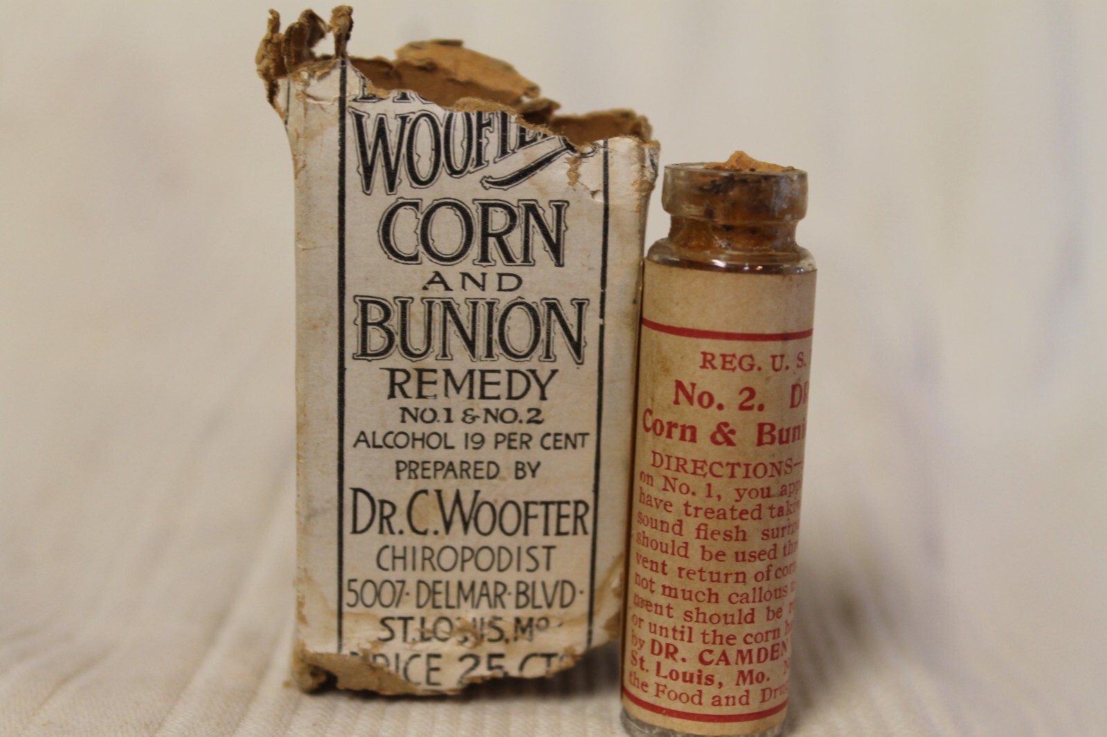 Dr. Woofter’s Corn and Bunion Remedy, Antique Bottle and Box
