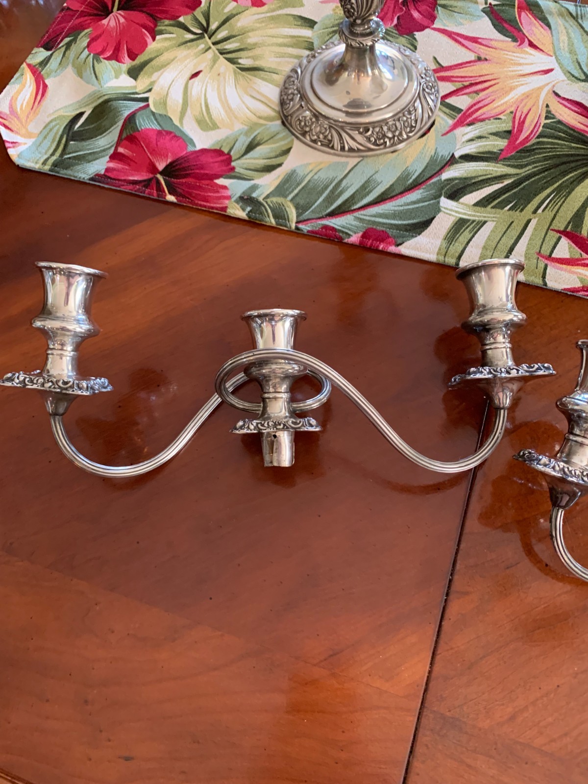Vintage Pair Silver Candelabra Three Cup Arms Victorian 14” Wide Not marked