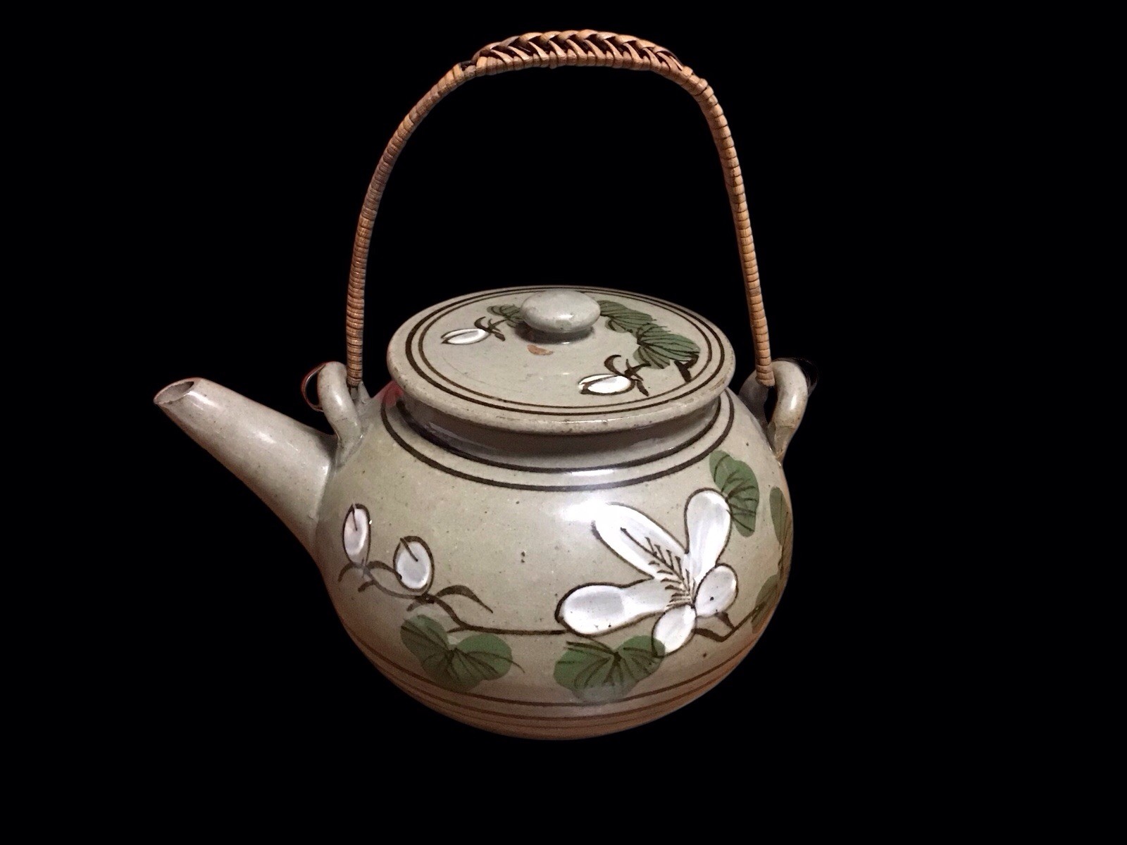 Antique 1920-1929 Rare Flower Design Teapot Salt Glazed Stoneware Rattan Handle