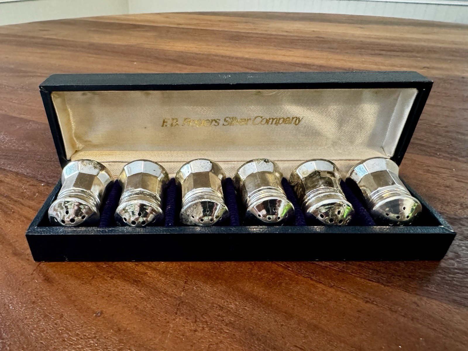 F B Rogers Co Mini Individual Salt Pepper Shakers Silver Plated Original Box