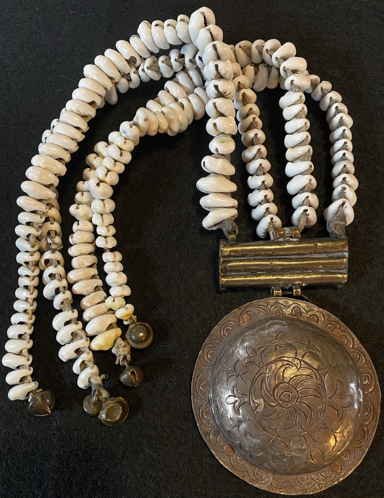 FINE Early C20 Antique TIBETAN Cowrie SHELL Bronze DISK Ladakh DODCHA Waist BELT