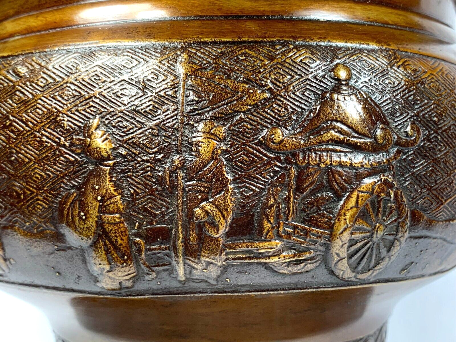 Antique Japanese Hibachi Bronze God Tiger Procession Sunflower Keyfret Meiji Era