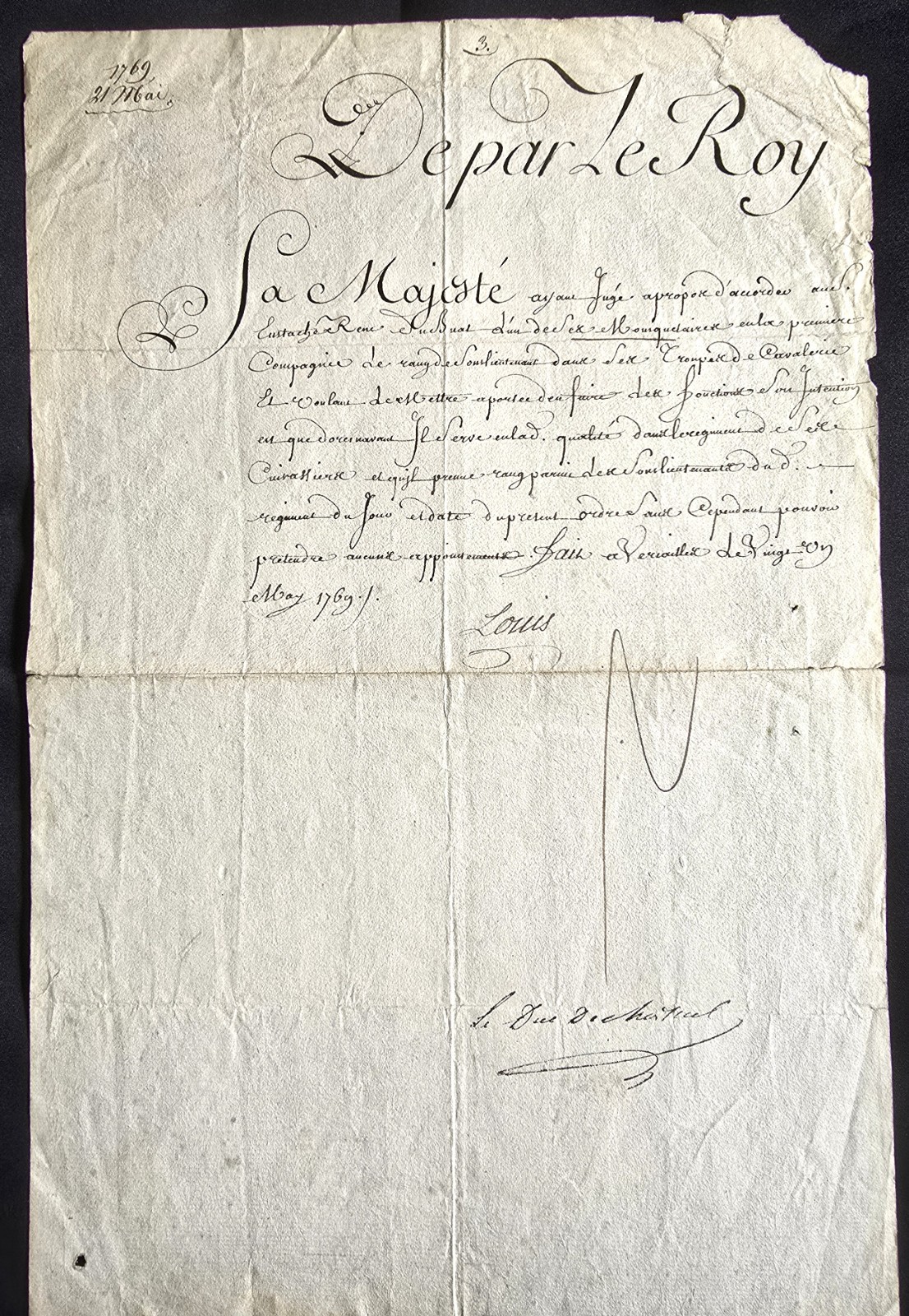 LOUIS XV Signed – Appointment of Second Lieutenant Eustache René Du Buat – 1769