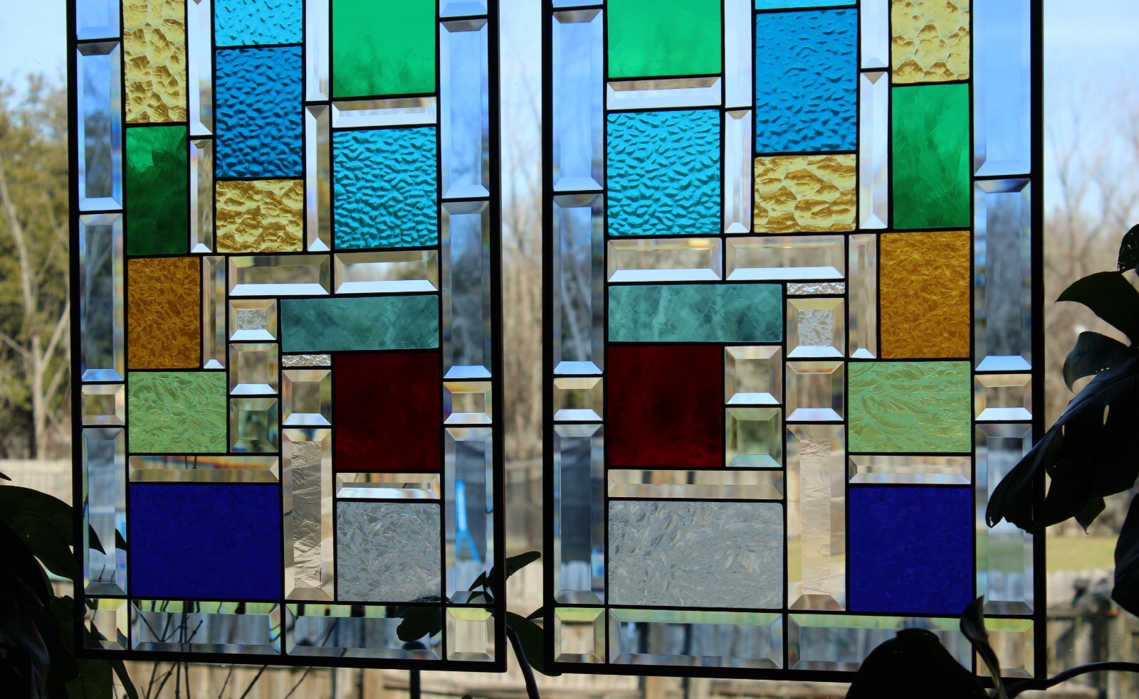 Stained Glass window pair, hanging panels each panel37.5×16.5 ” colored glass