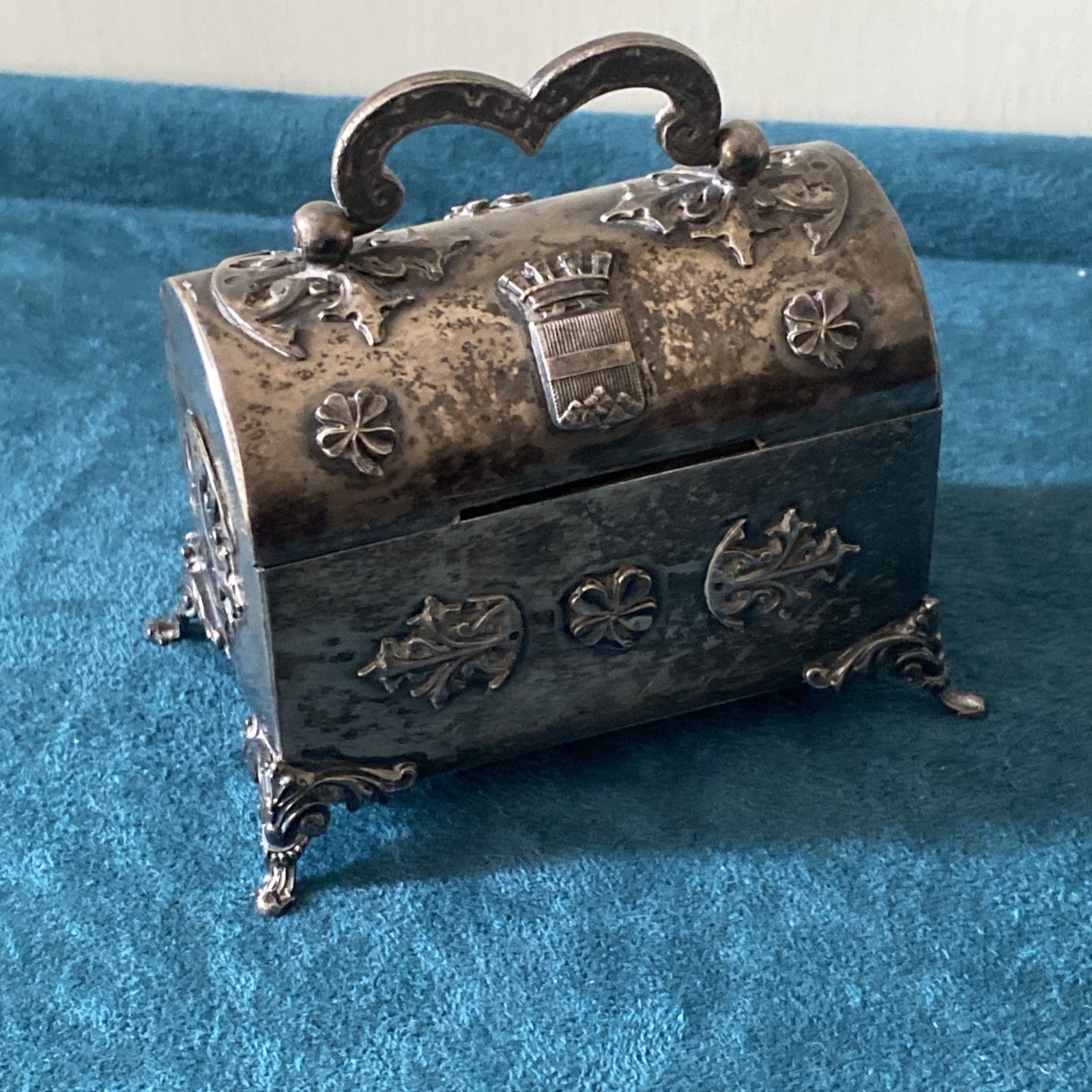White Metal Trinket Box Chest Blankenberghe Belgium Silk Lining c.1910 Antique