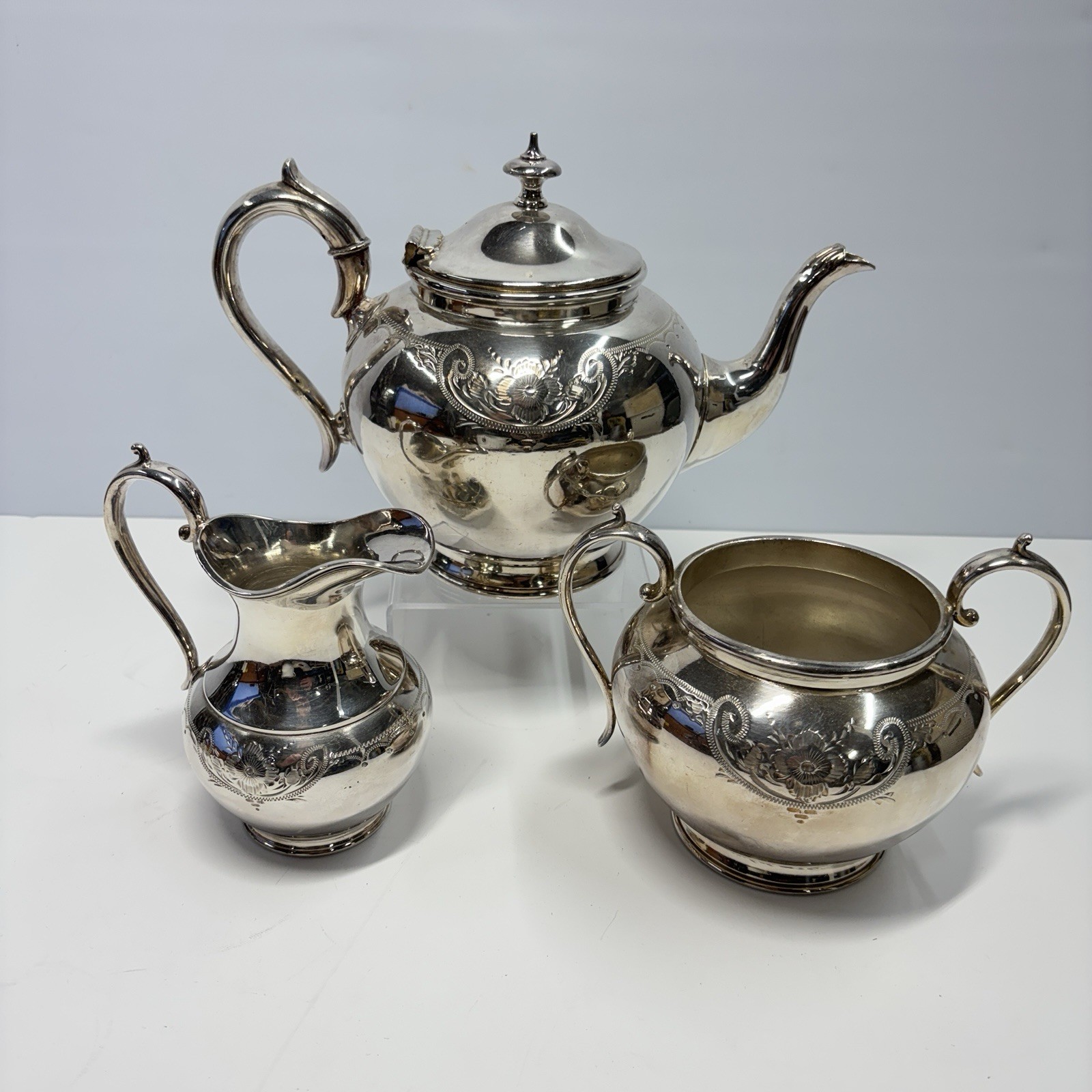 Tea Pot Silver Service 3 x Pcs Set JAMES DEAKIN & SON Pot Sugar Bowl & Creamer