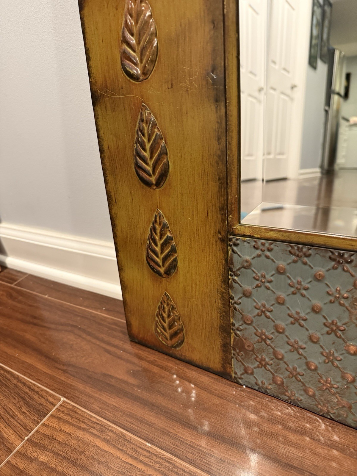 Rustic Boho Square Wall Mirror W/ Embossed Patchwork Frame 20”x24” Vintage Hang