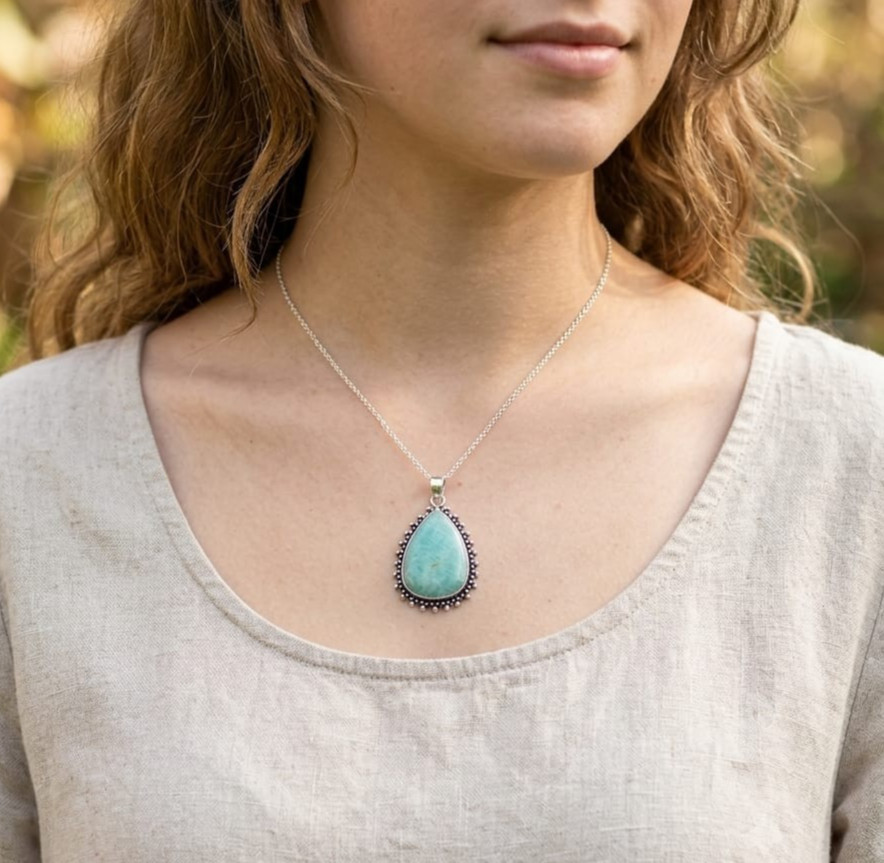 Amazonite Silver Pendant, 925 Sterling Silver Pear Cabochon Necklace Jewelry