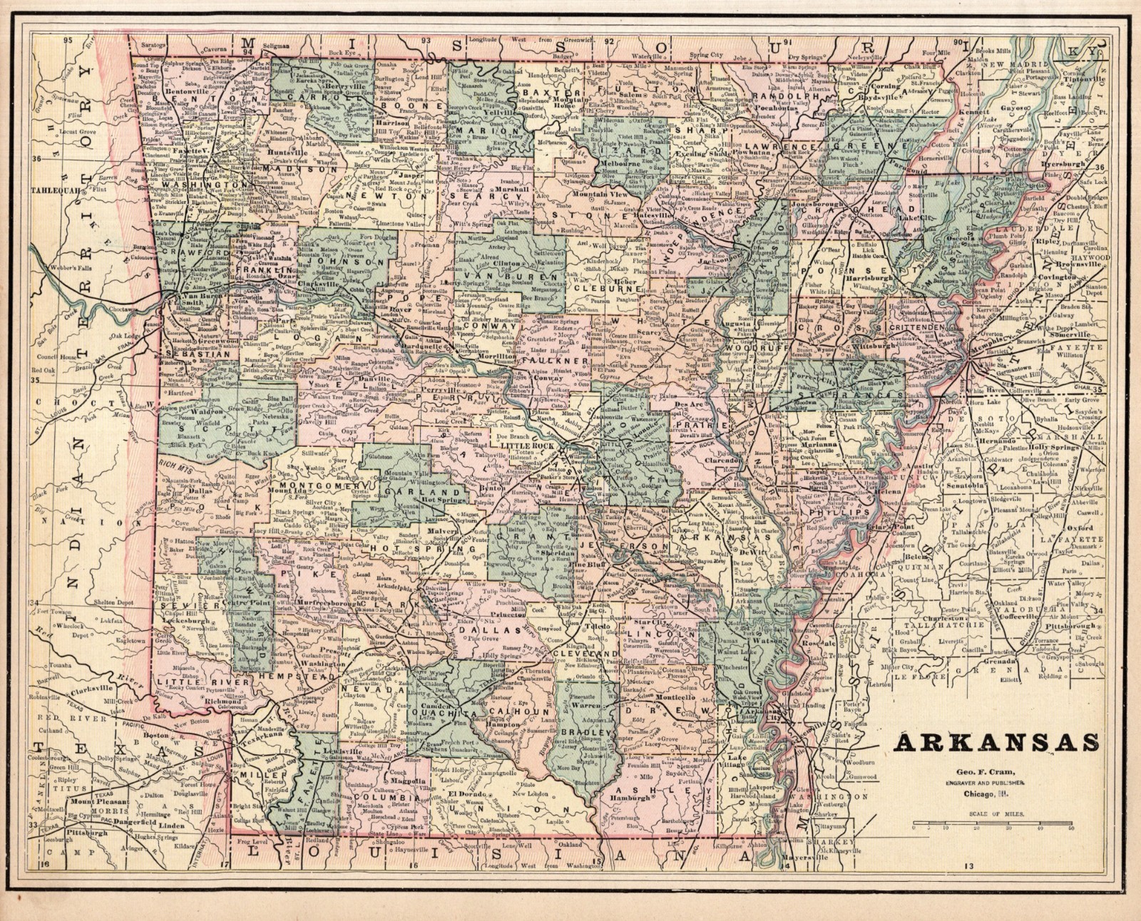 1888 Antique Arkansas Map Vintage George Cram Atlas Map of Arkansas 2997