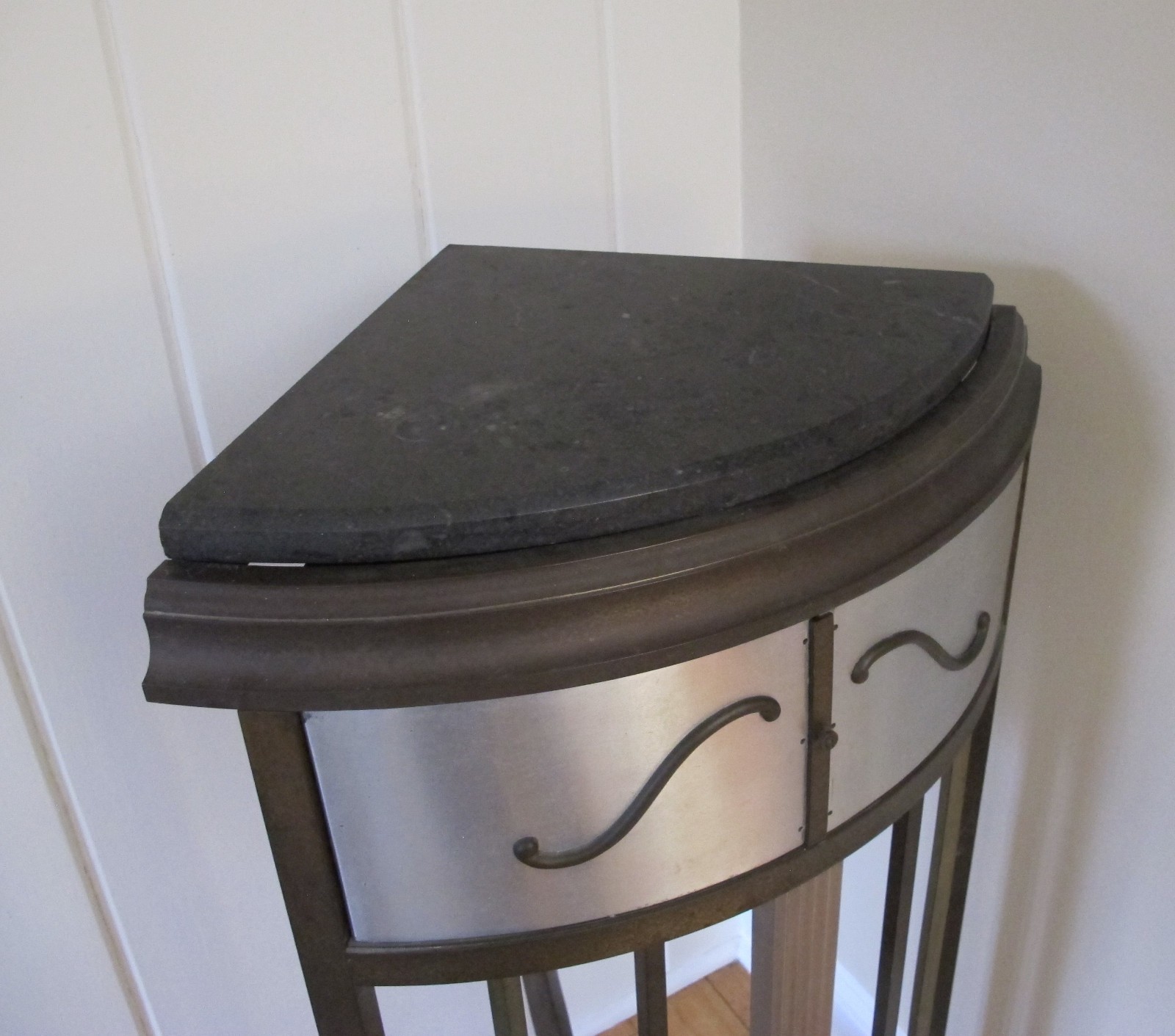 antique brass or bronze corner table pedestal – slate (or stone ?) top