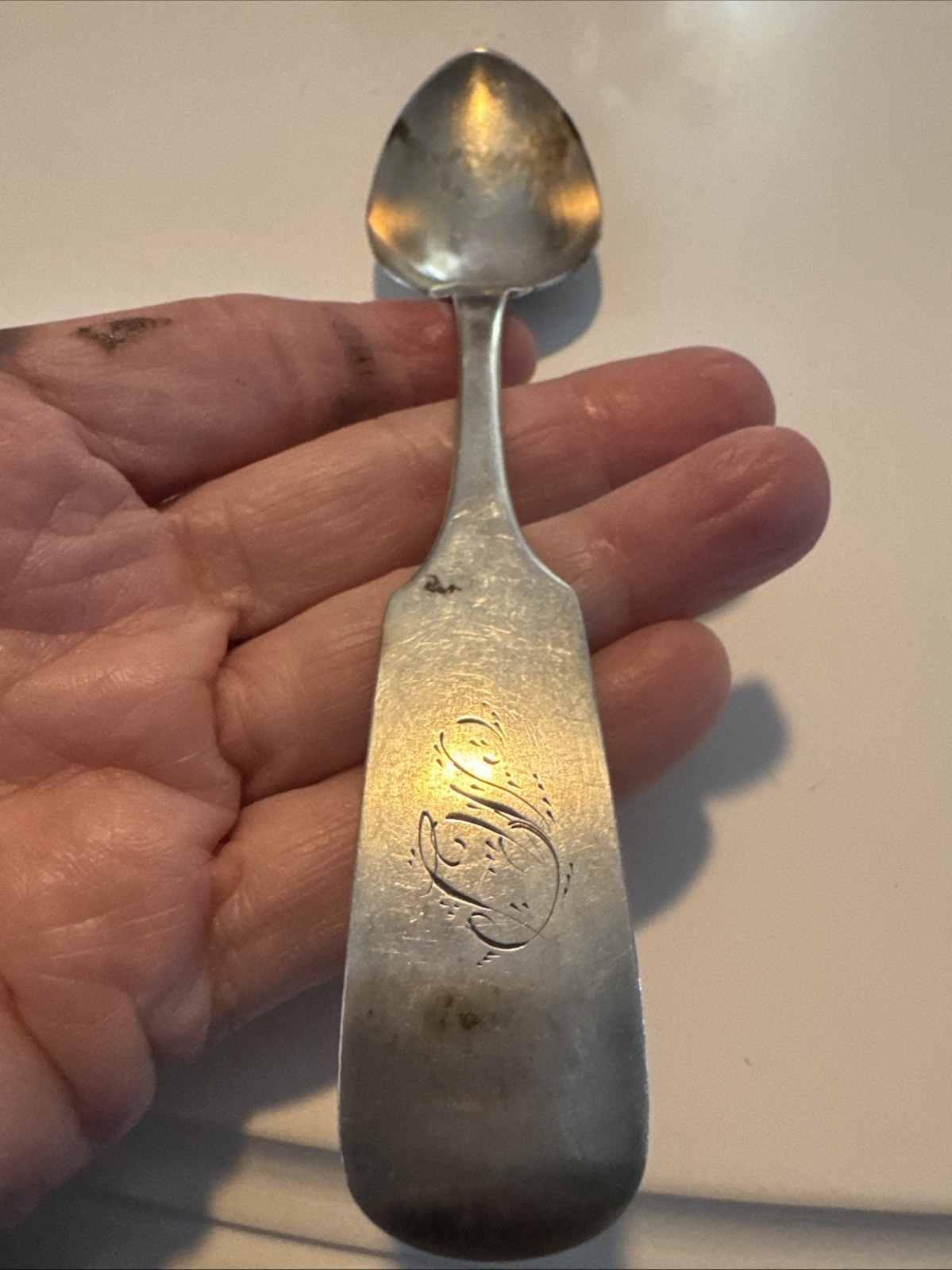 19th Century John Hall Kentucky Coin Silversmith Eggshaped Fiddle Spoon 1850’s