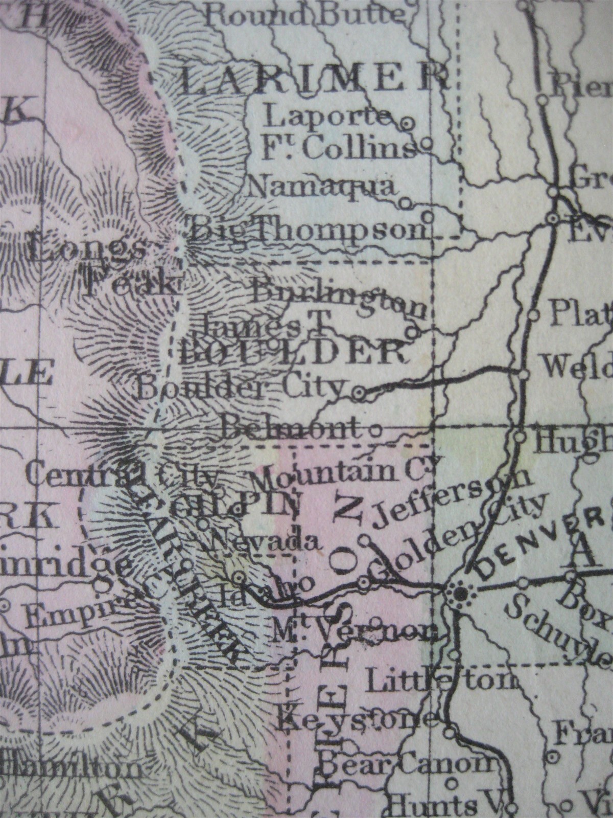 Original Color 1874 Mitchell Map COLORADO WYOMING DAKOTA MONTANA Trading Posts