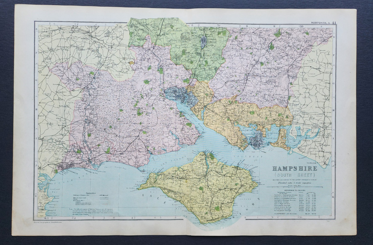 Antique 1907 County Map – Hampshire (S) Isle of Wight – Southampton – Portsmouth