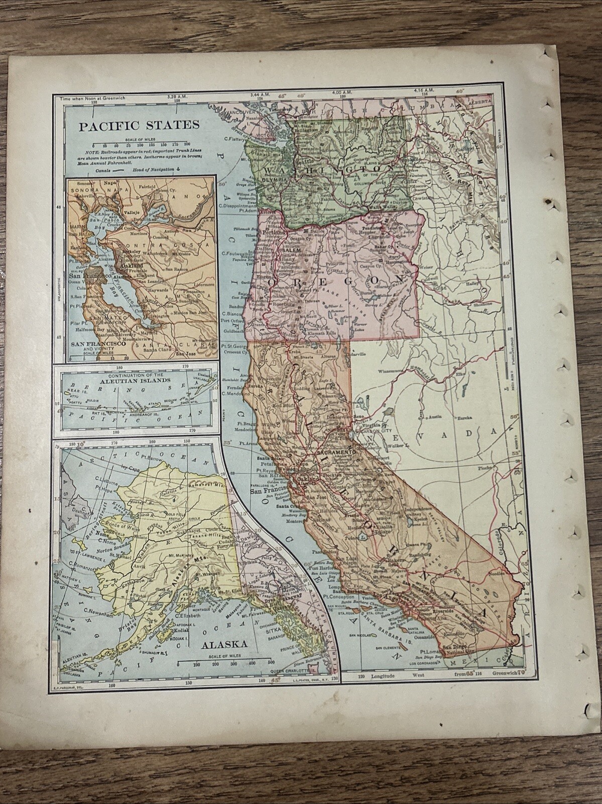 Antique 1902 Map Of Pacific Coast United States (w/ Bay Area Enlarged) 12”x10”