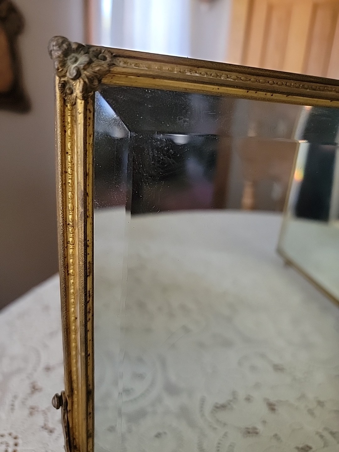 Antique Victorian Couple Ormola Celluloid Tri-fold Beveled Dresser Wall Mirror