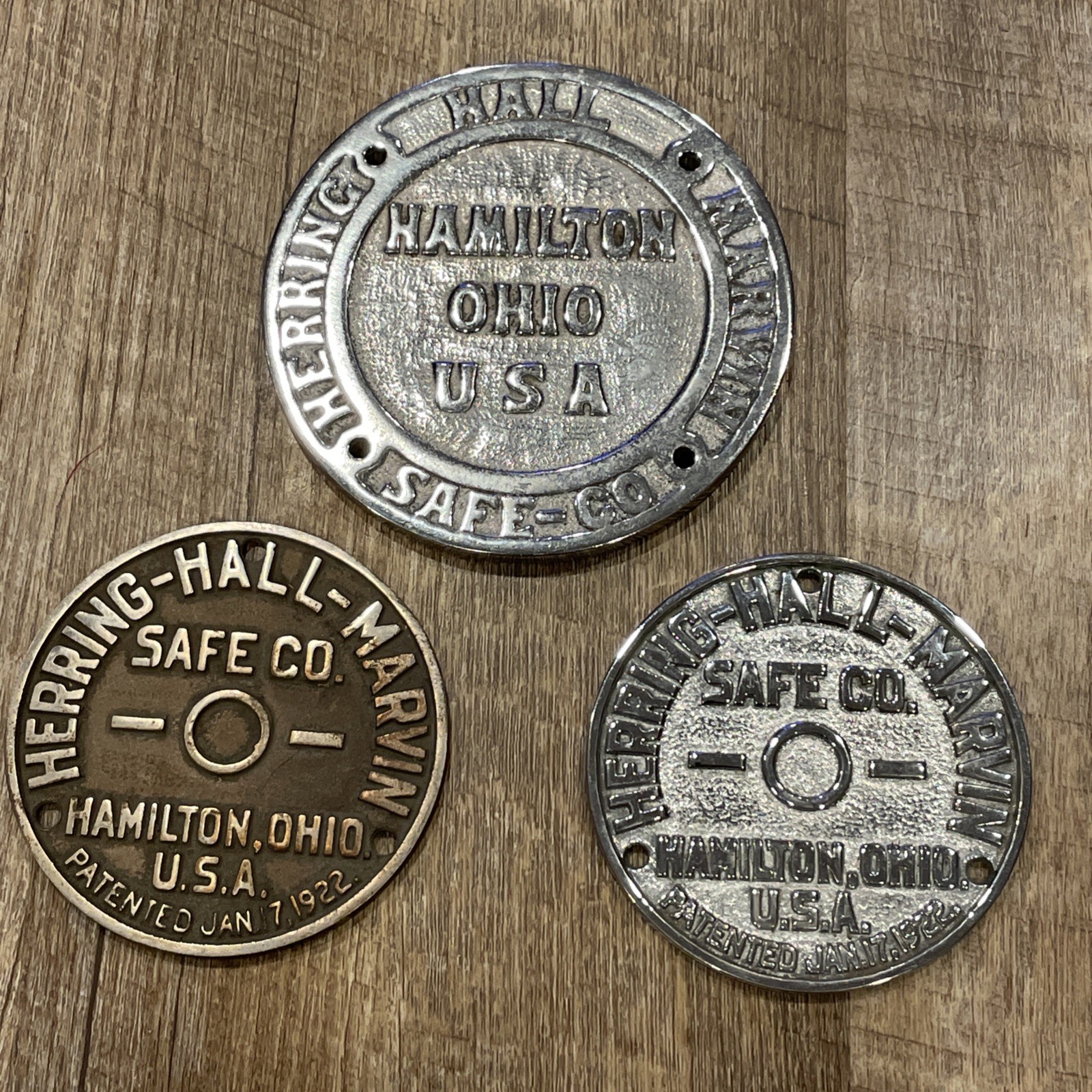 3 HHM Antique Herring Hall Marvin Safe Co. Plaques for Safe Hamilton Ohio