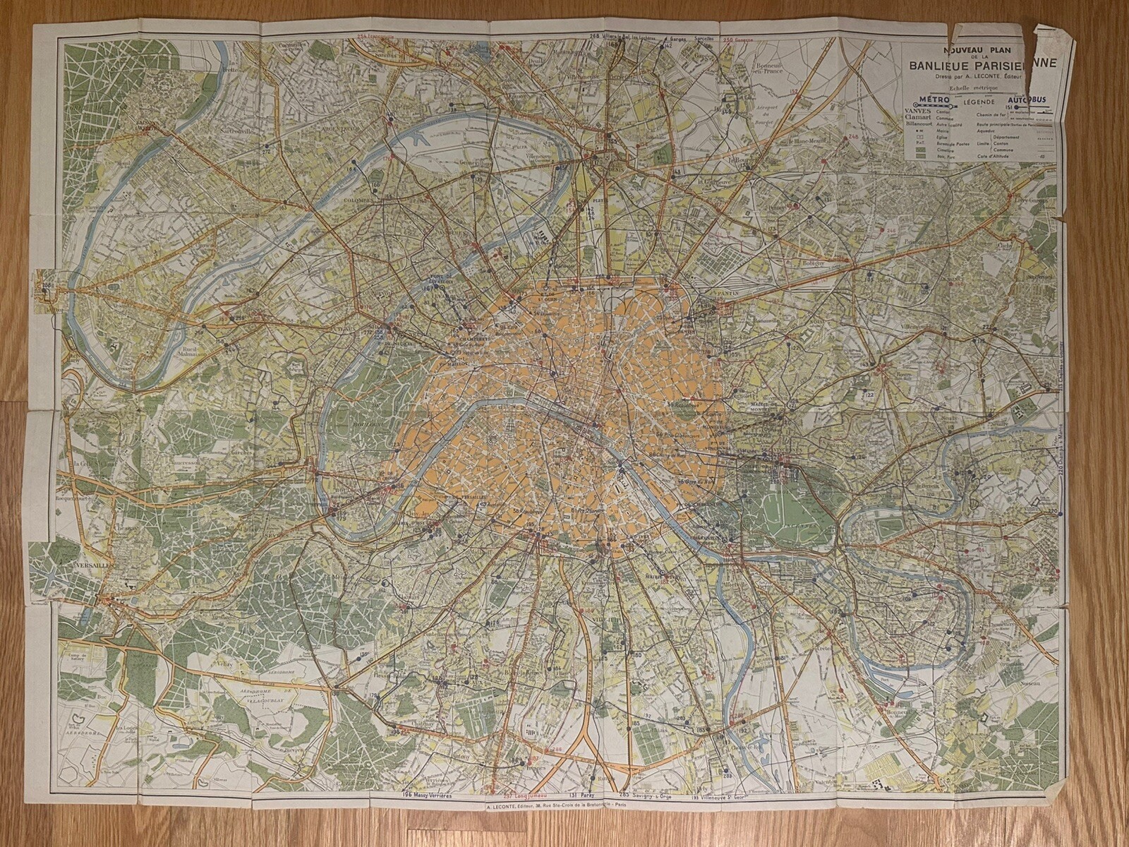 Vintage 1960’s Paris France Metro Map Boroughs Neighborhoods Bus Routes 21 X 28