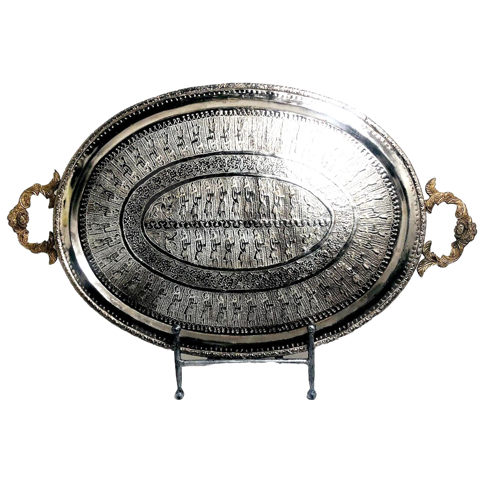 Vintage Moroccan Hand-Chased Engraved Soldiers Oval Silver Bronze Tray 16″