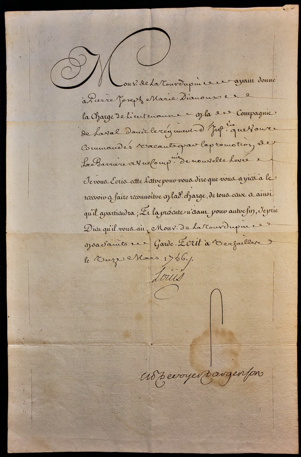 LOUIS XV SIGNED ASSIGNMENT OF LIEUTENANT DIANOUX IN THE COMPANY OF LAVAL 1756