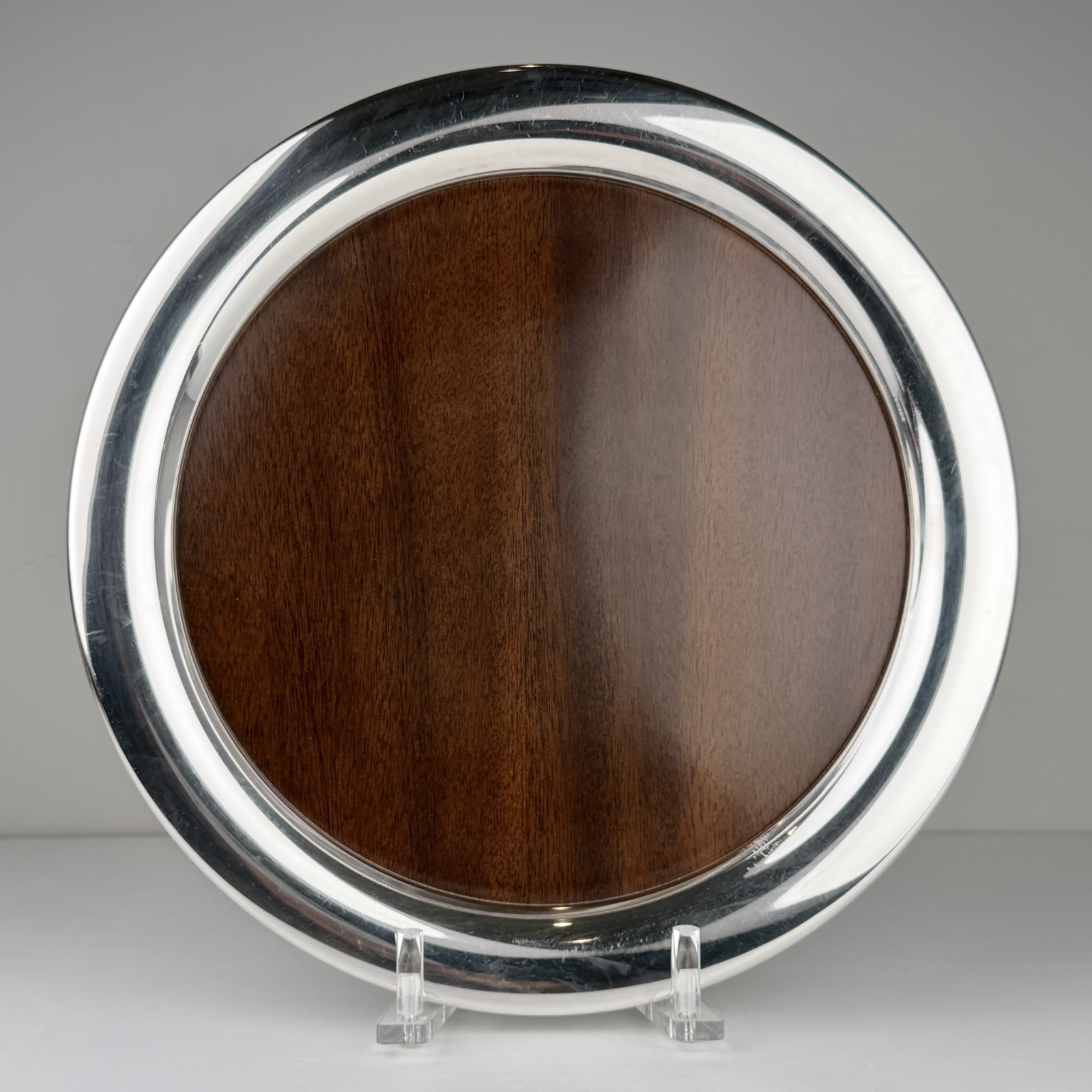 REED & BARTON MCM Silver Plate Tray 14.5″ Wood Grain Lucite Barware VTG 1036