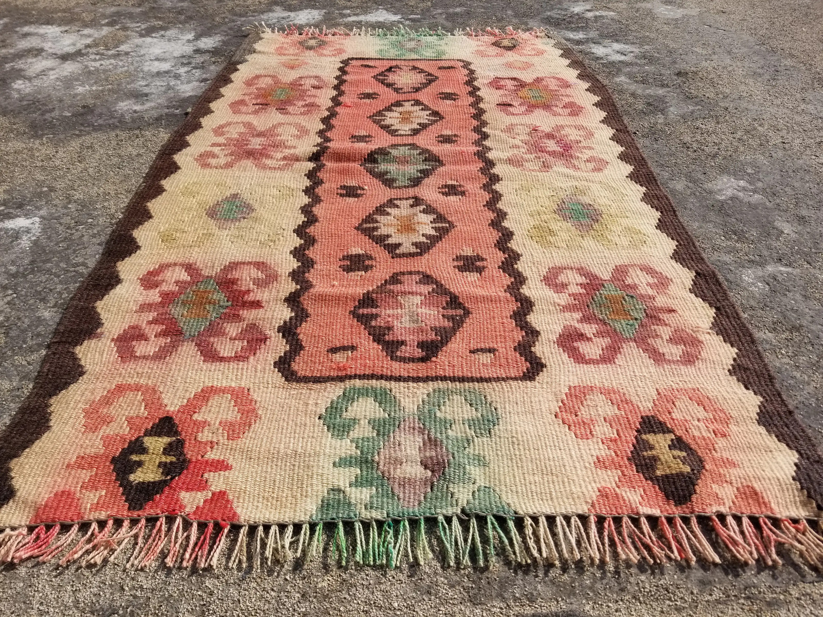 Distressed Vintage Traditional Handmade Turkish Wool Multicolor Kilim 3.4×2.0ft
