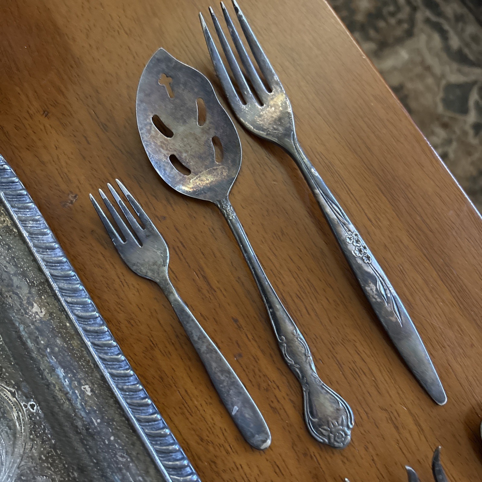 LOT ~ Vintage Silver Plated Serving Pieces Platter, tray, Flatware, cup ~ 6 lbs