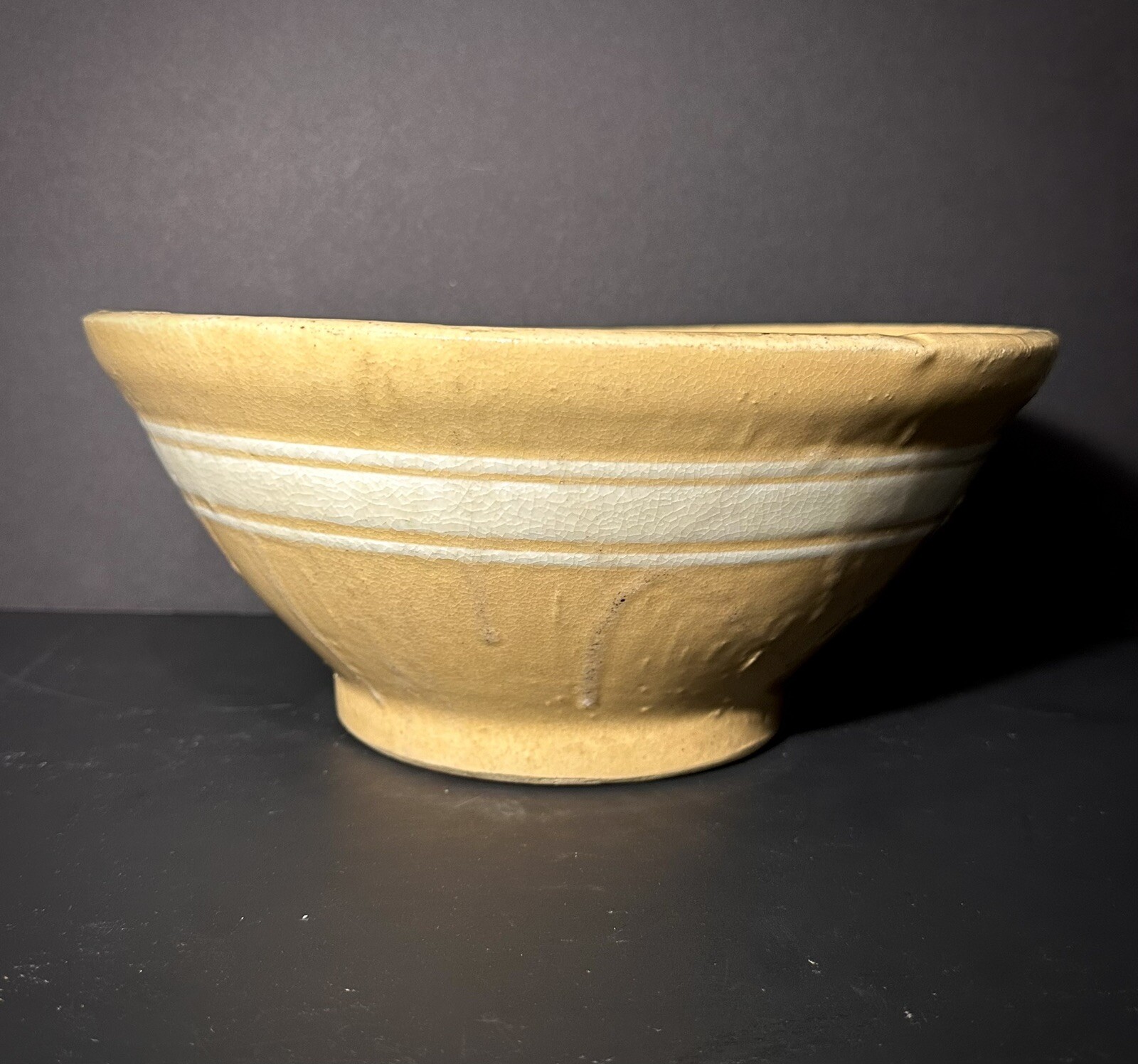 Primitive Yellow Ware Bowl Early White Stripe Out Of Round Stoneware Farmhouse