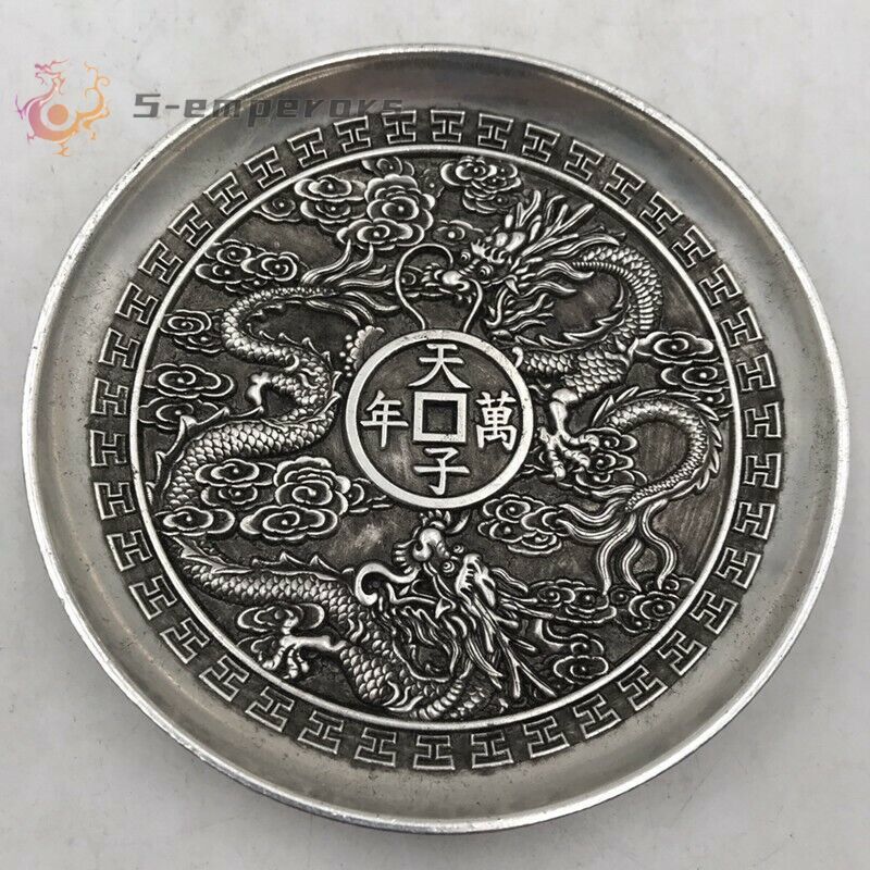 Exquisite Chinese tibet silver handcarved double Dragon plate decoration