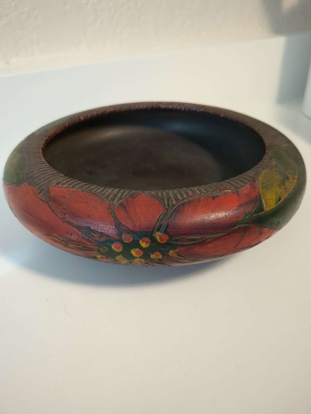 Antique Early 1900’s Pyrography Flemish Folk Art Wood Poinsetta Bowl Los Angeles