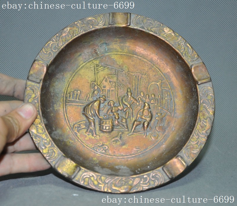 Antique Exquisite Vintage Marked old Chinese bronze Ancient people plate ashtray