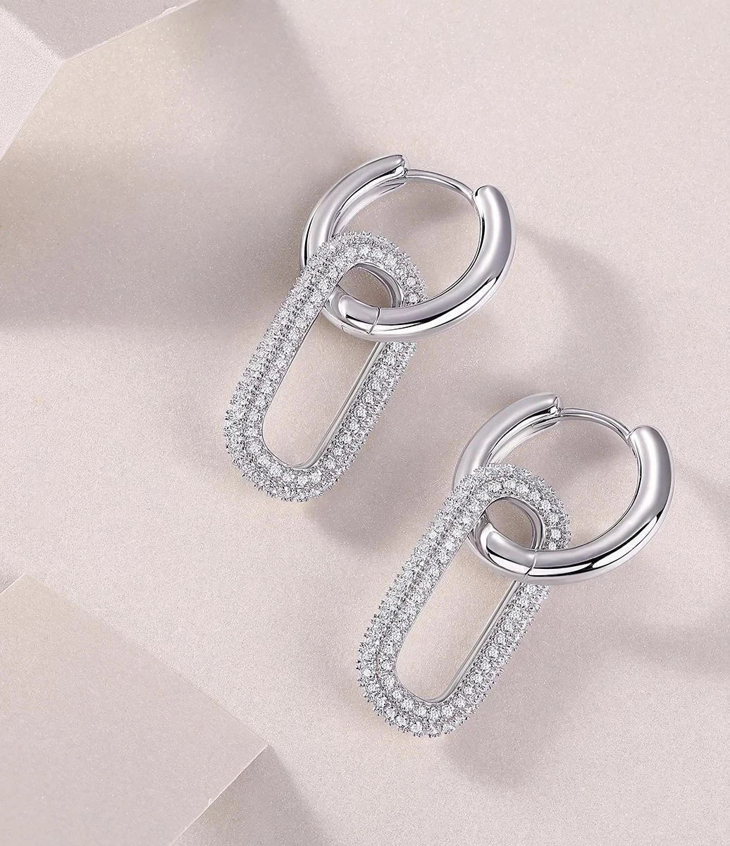 14K White Gold Plated Paper Clip Drop Earrings 2Ct Round Cut Lab Created Diamond