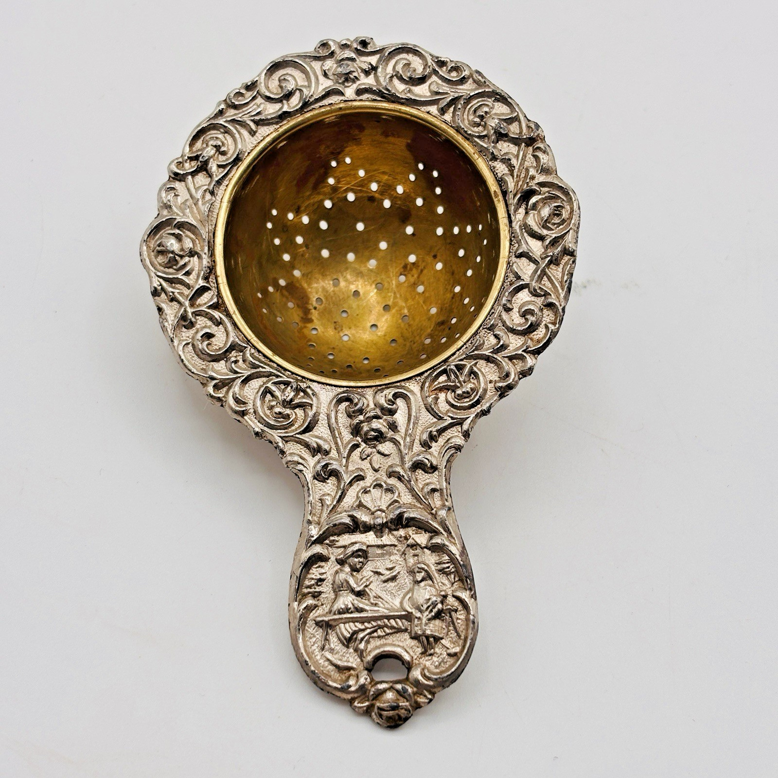 Victorian Repousse Tea Strainer Silver Plated Brass Germany Antique 1900s