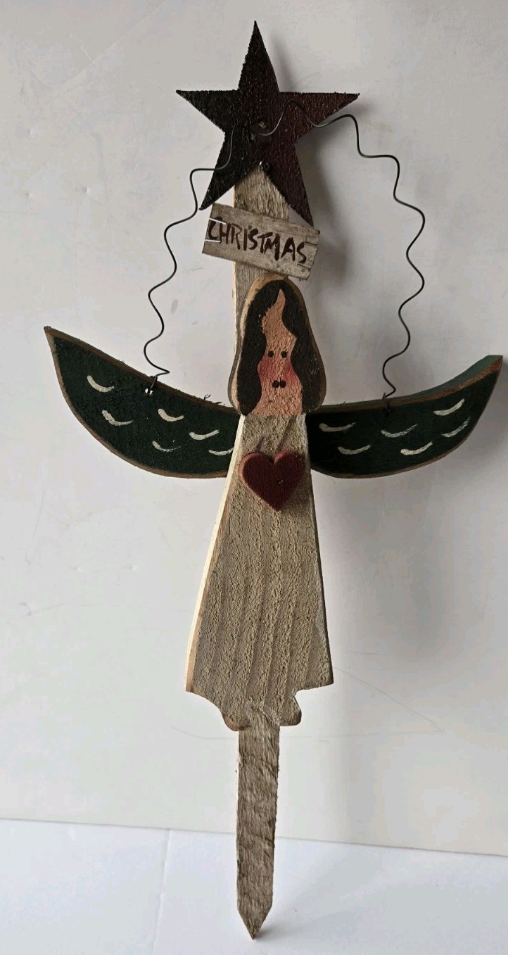 Primitive Wooden Angel Wall Hanging Or Stake 17 In Rustic Christmas New Handmade