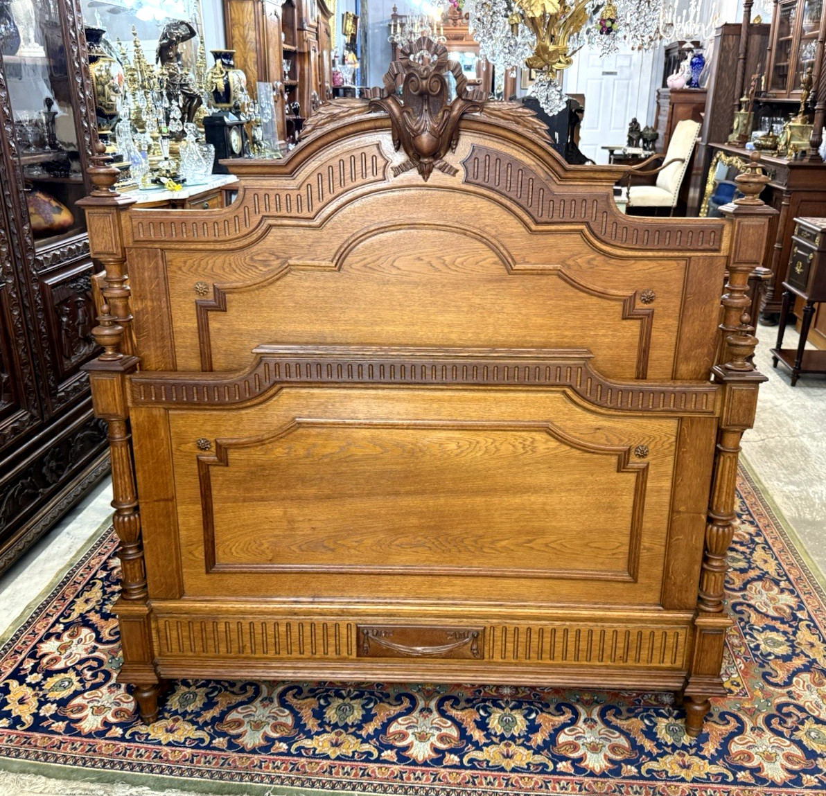 French Antique Carved Oak Henry II Full size Bed | Ornate Rails and Slats