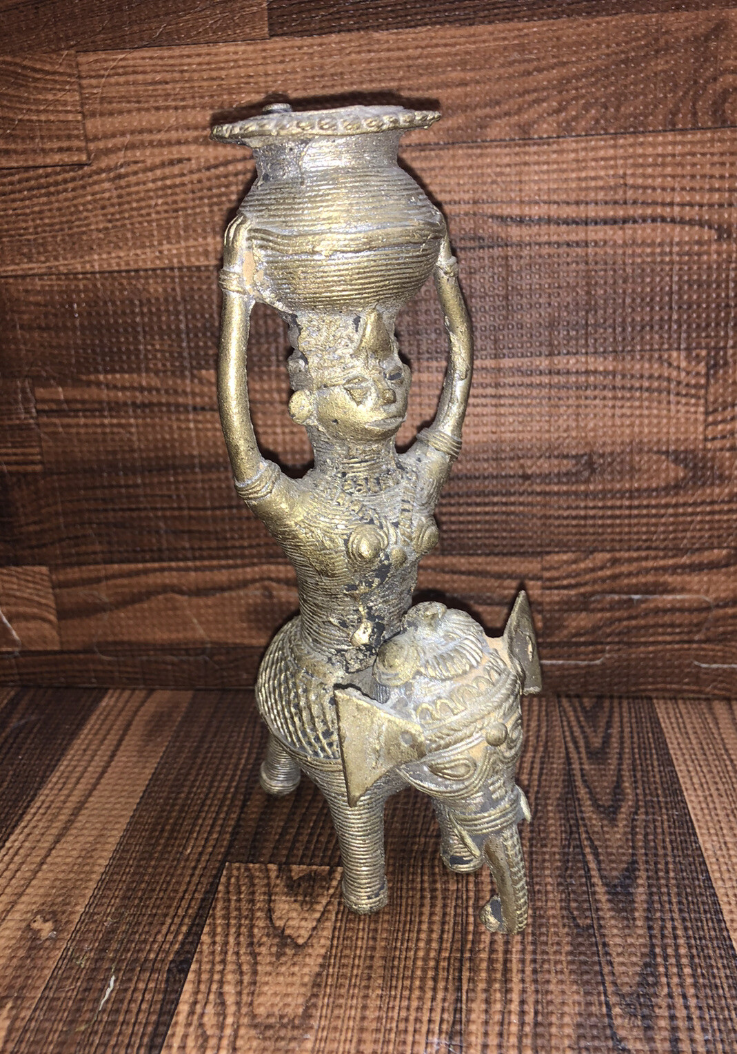 Antique Mid 1800’s Bronze Hindu Lakshmi Riding Elephant Oil Lamp