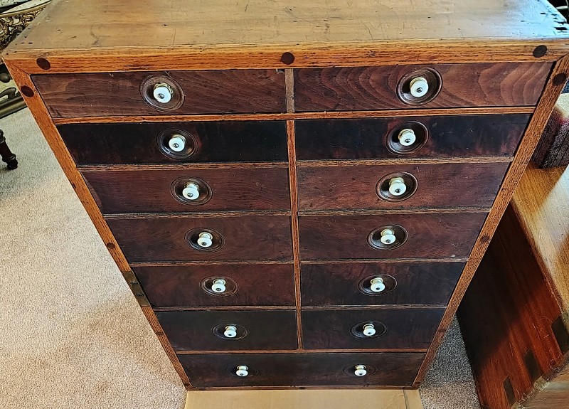 RARE Antique Printer Document Parts Photo Cabinet 12 Drawers Porcelain Burl Wood