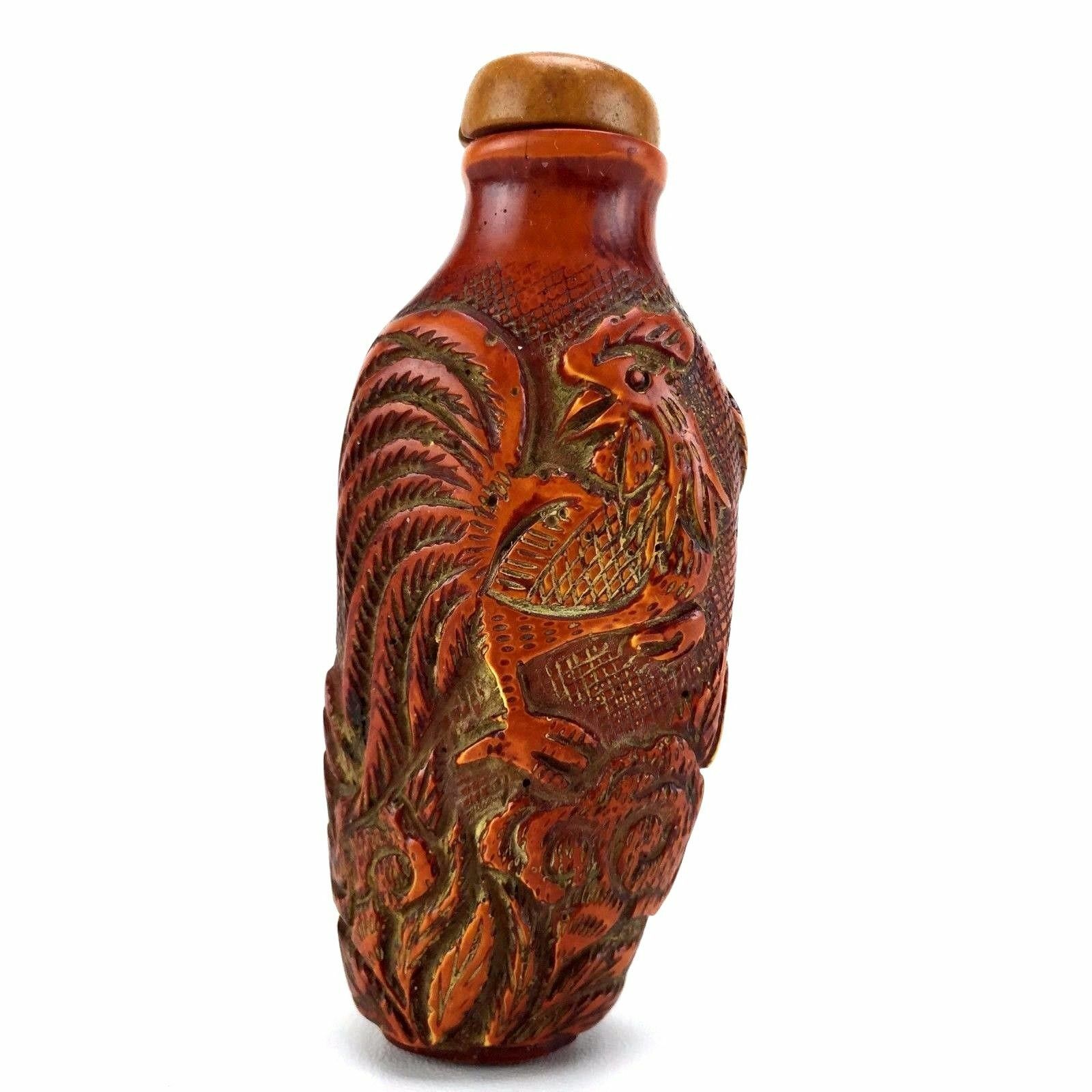 Snuff Perfume Bottle Carved Roosters Peonies Signed Cinnabar Chinoise Resin