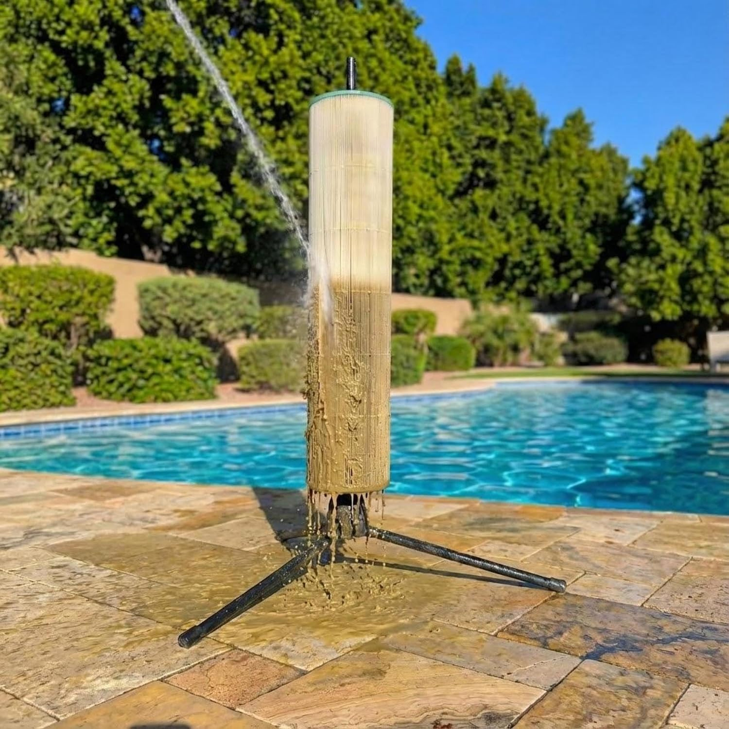 Rotating Pool Filter Cleaning Stand PRO – Ergonomic Metal Tripod Station with Sp