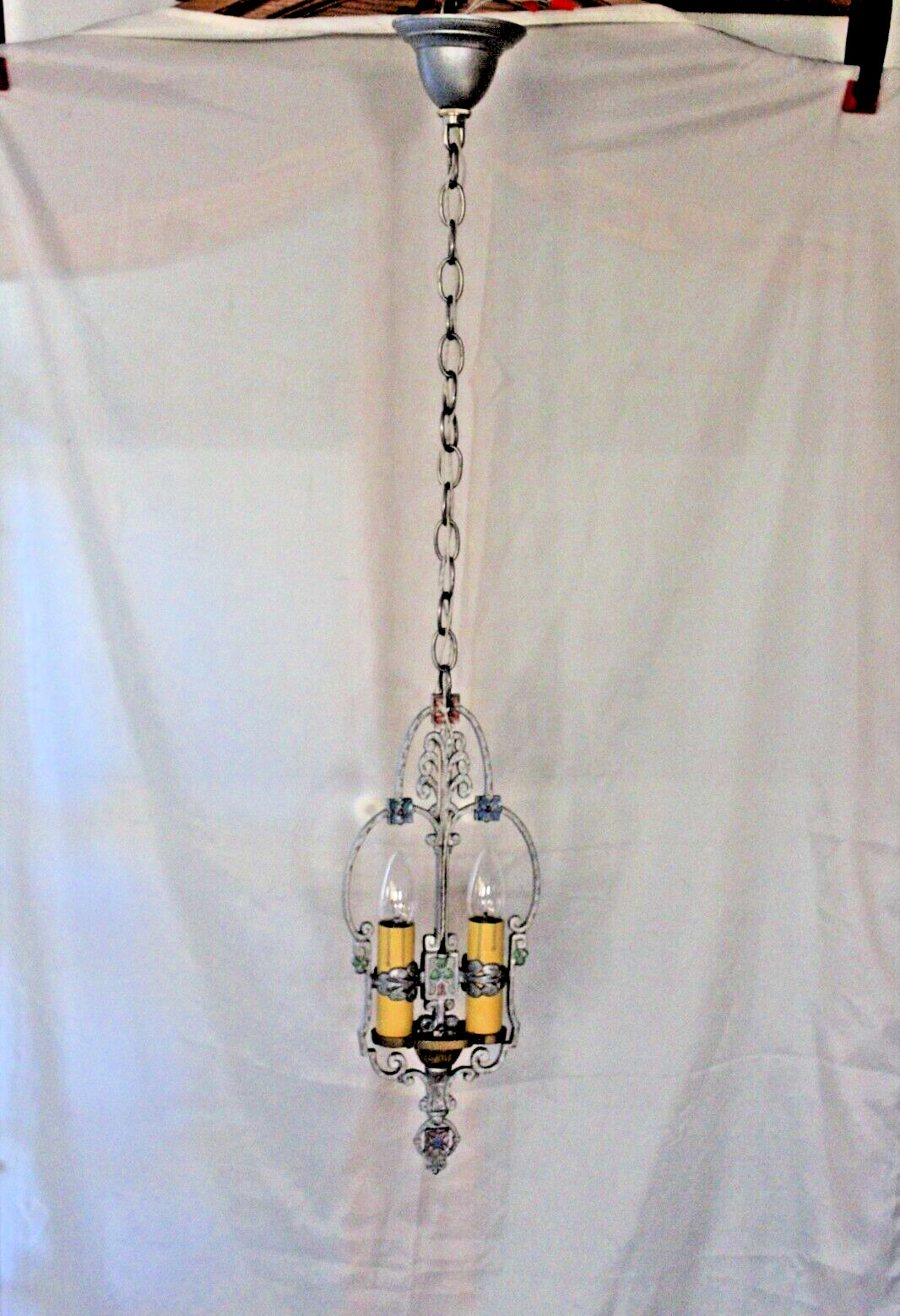 1920s Unique 2 Bulb Brushed Nickel Candle Riddle Co. Pendant Fixture Restored