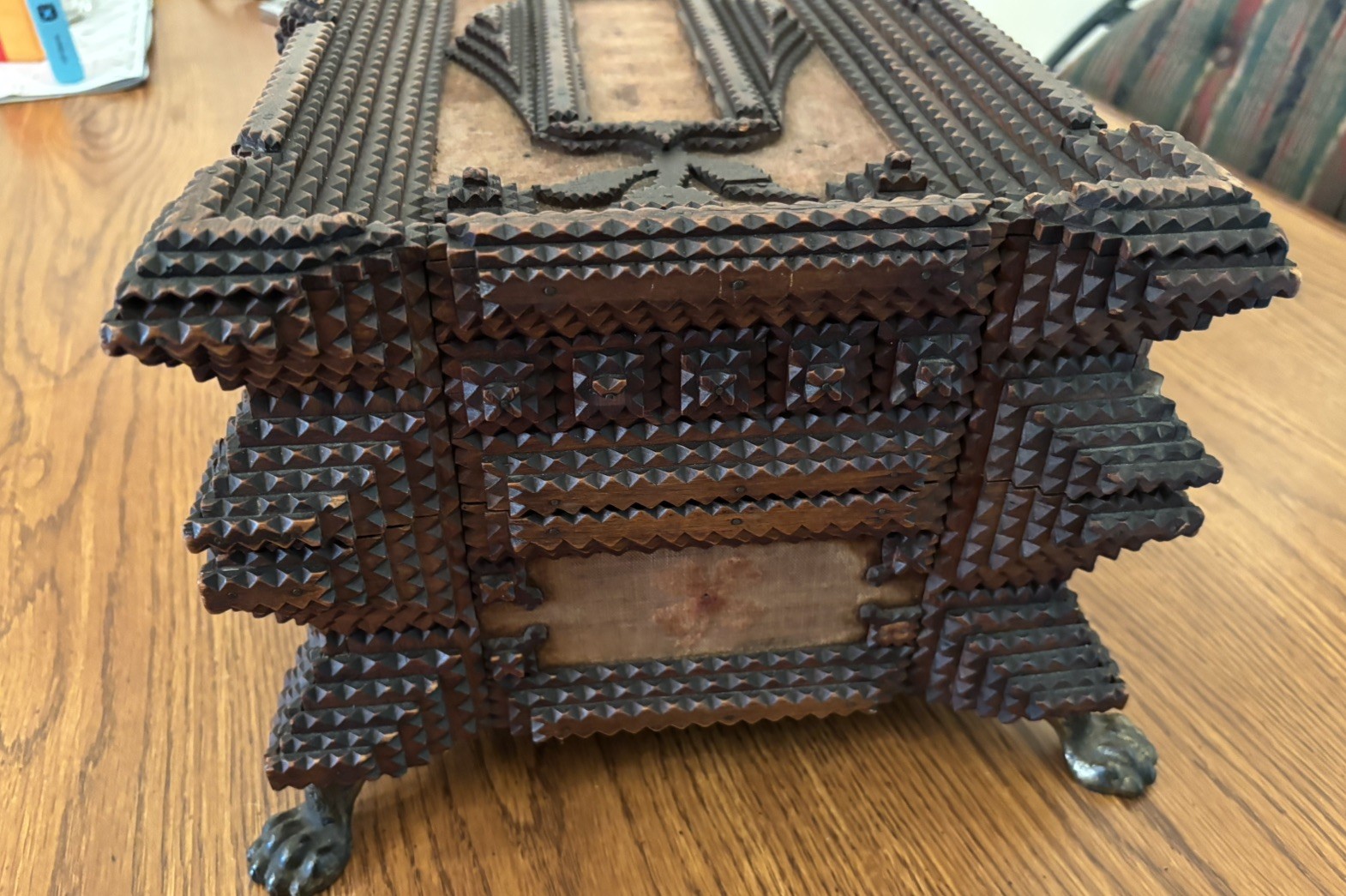 AMAZING TRAMP ART NOTCH CARVED SEWING CHEST C.-1904 HOBO PRIMITIVE ART APPRAISED