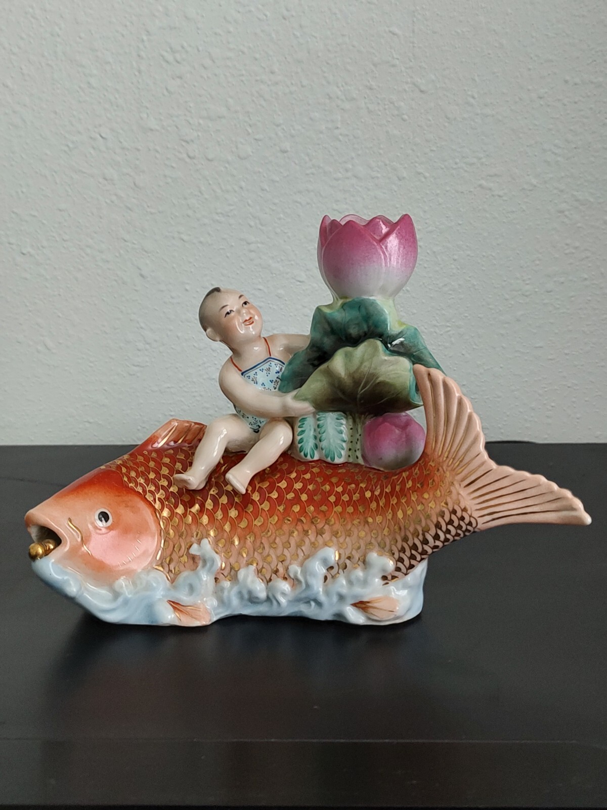 Vintage Chinese Famille Rose Porcelain Sculpture Child Carp Art Statue Figurine