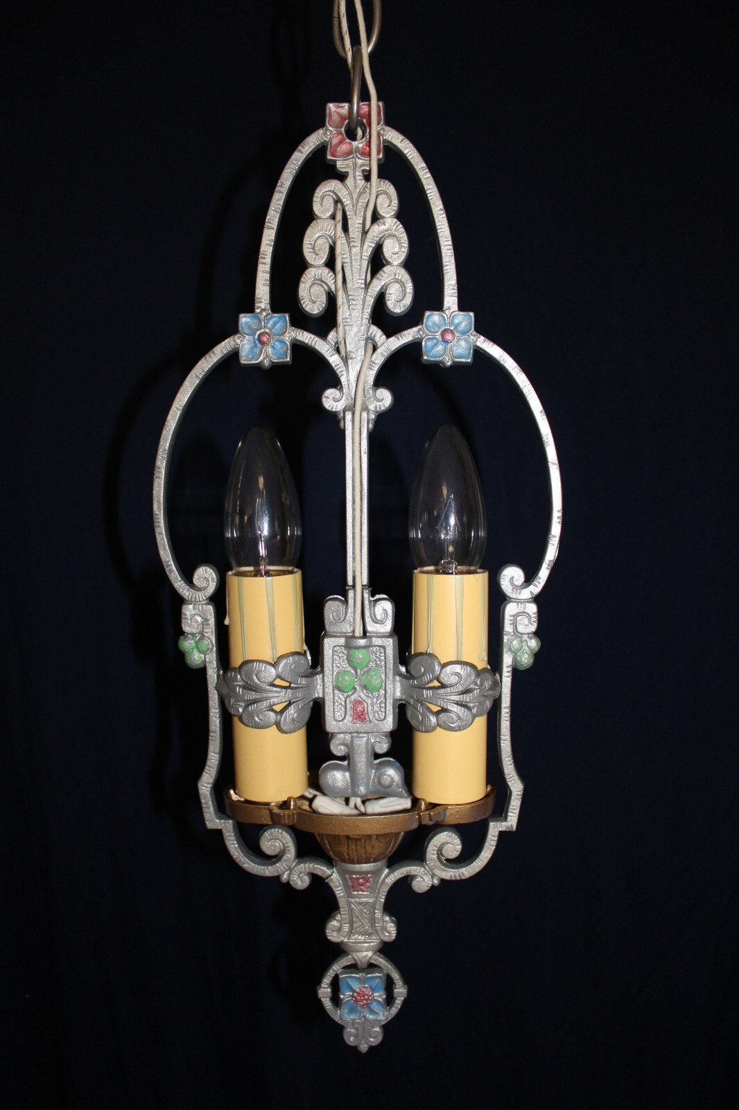 1920s Unique 2 Bulb Brushed Nickel Candle Riddle Co. Pendant Fixture Restored
