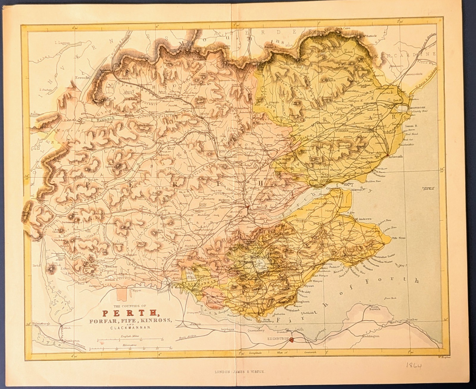 PERTH SCOTLAND James Virtue Hand Colored UK County Antique 1864 Map Fife Dundee