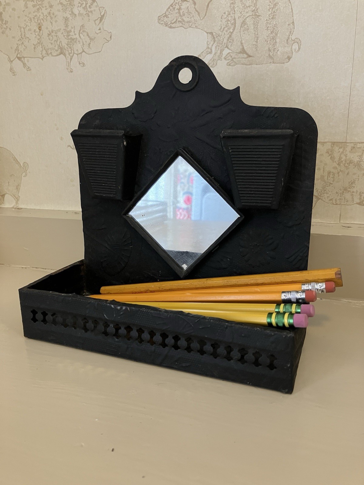 Antique Victorian Pressed Tin Wall Mount Match Holder Safe w Mirror Black
