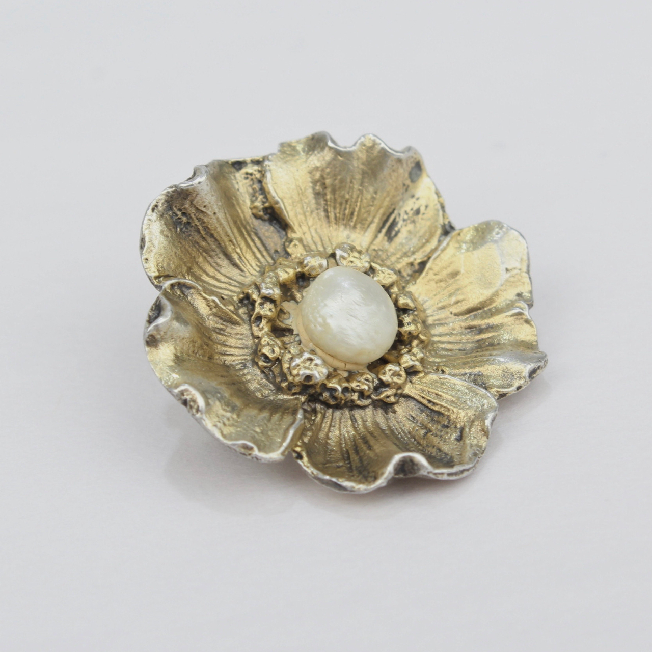 Fine Cast Sterling Silver Gilt Poppy Flower & Baroque Pearl Brooch or Pin