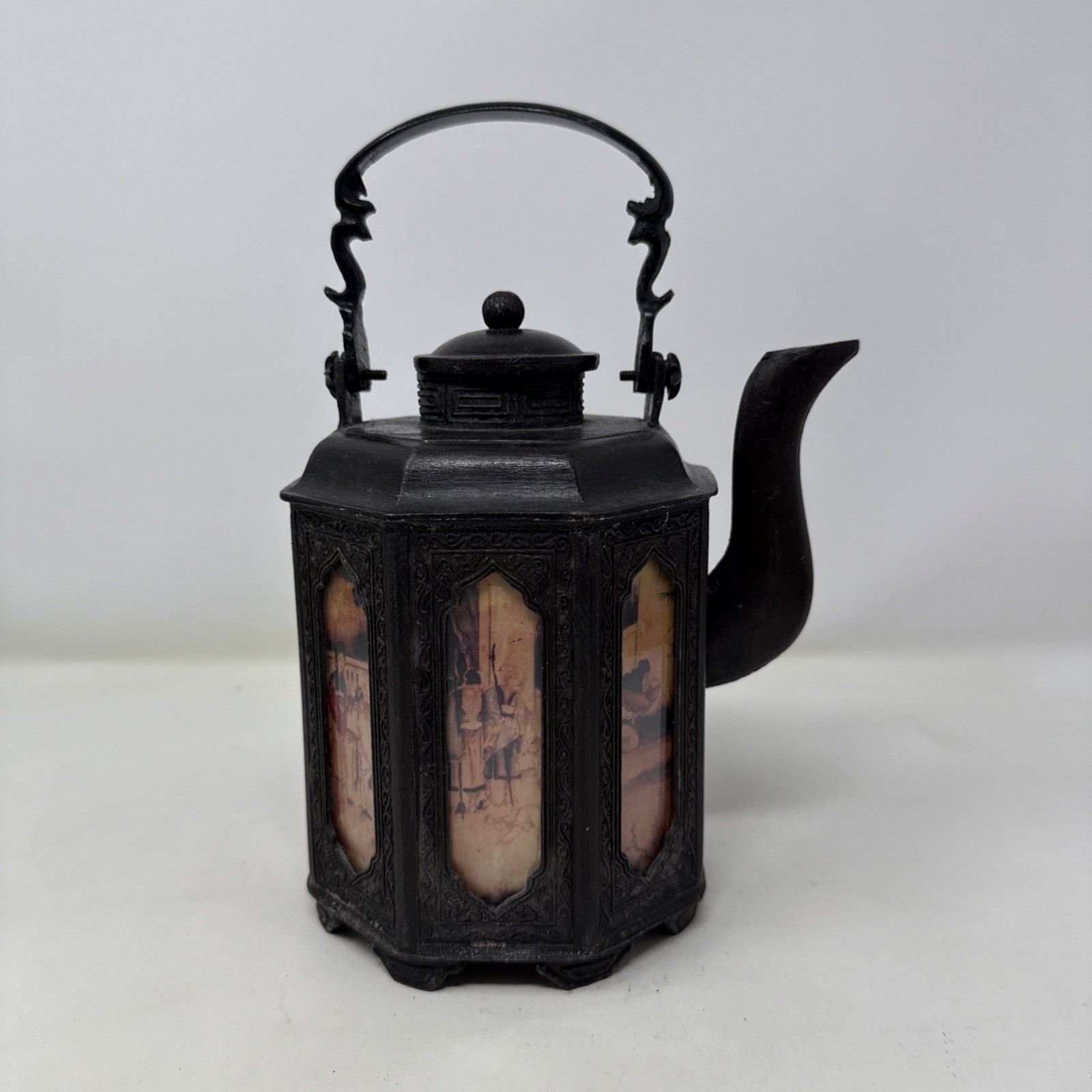 Antique Octagonal Chinese Metal Teapot Reverse Hand Painted Scenic Glass Panels