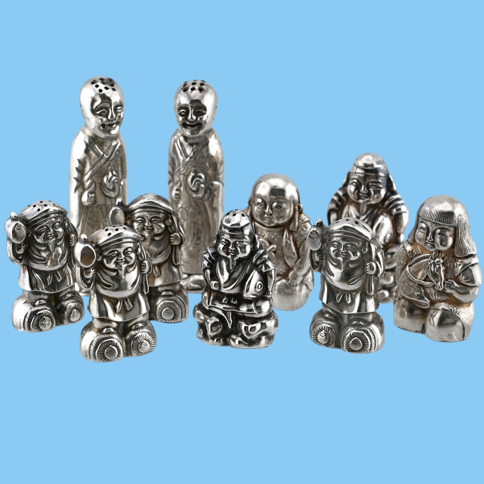10 Vintage Sterling Silver Japanese Salt Pepper Shakers Figural Men variety lot