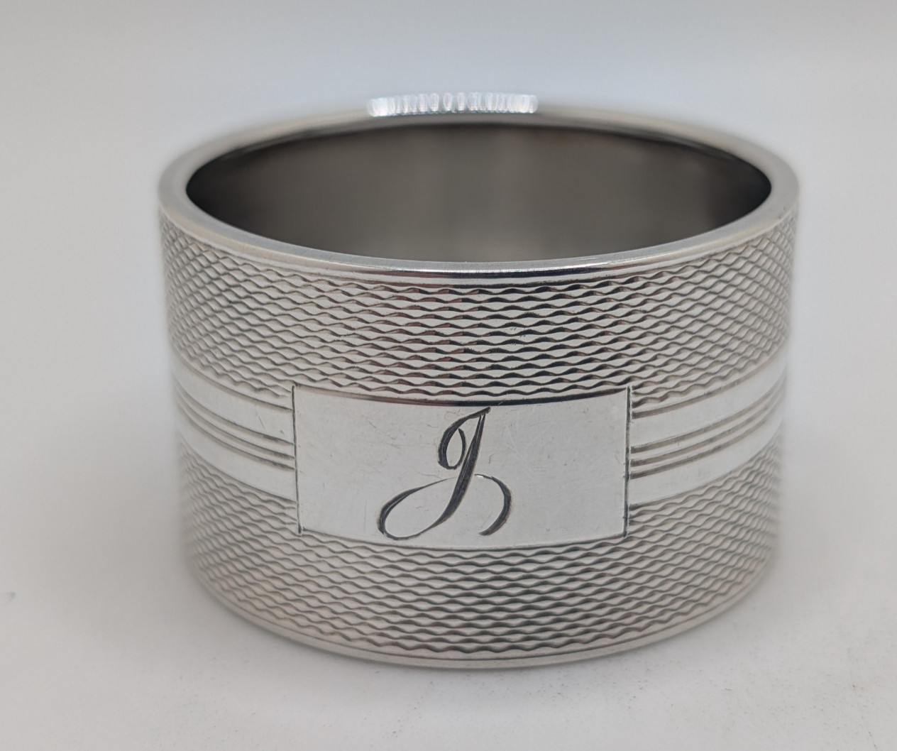 Vintage English Sterling Silver Napkin Ring “J” initial engraving, d. 1955, 15g